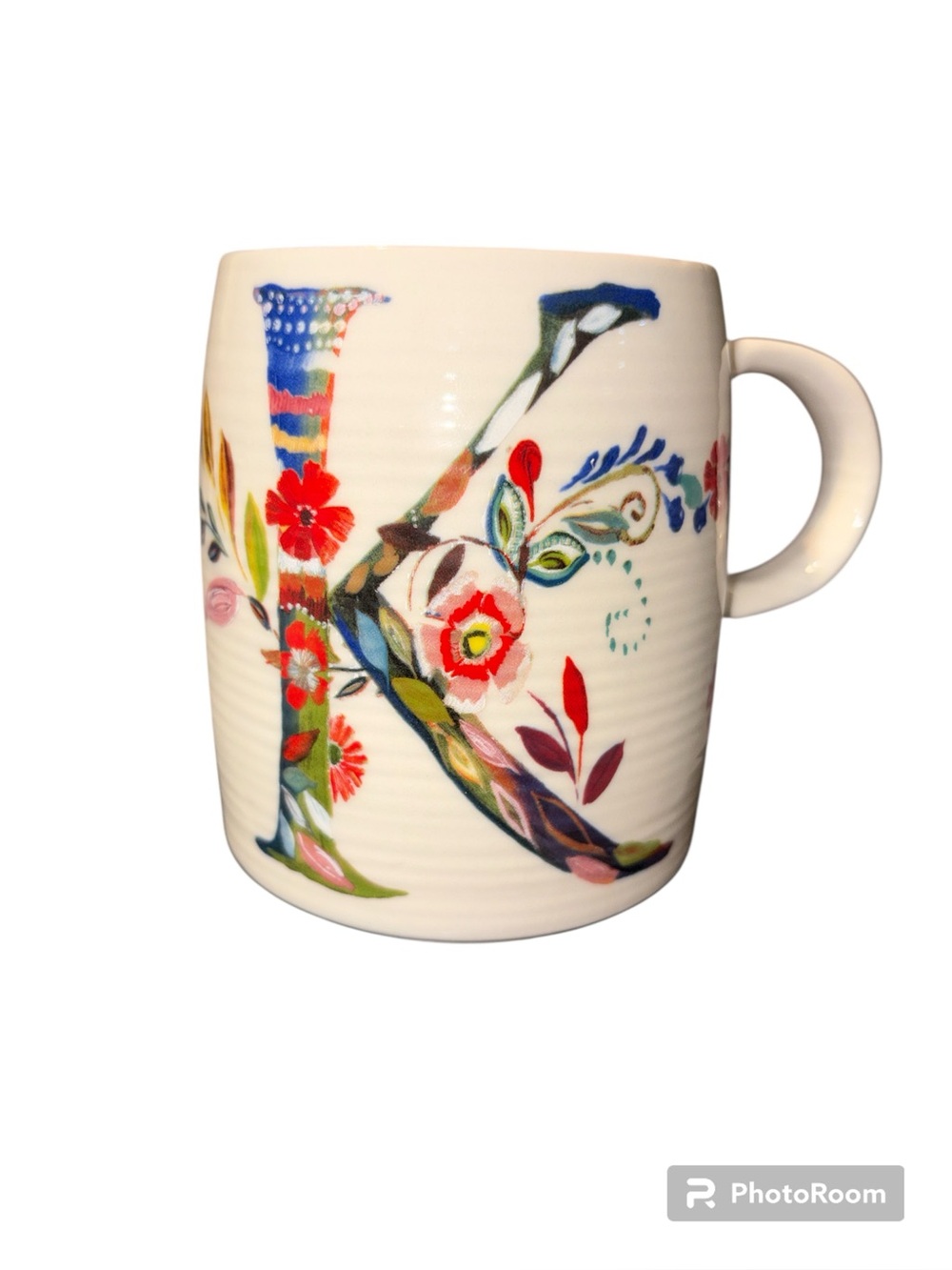 ANTHROPOLOGIE "K" Monogram 14oz. Coffee Mug Starla M. Halfmann Petal Palette